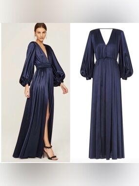 Bronx and Banco Midnight Blue Satin Plunge V-neck Long Sleeve Gown Small
